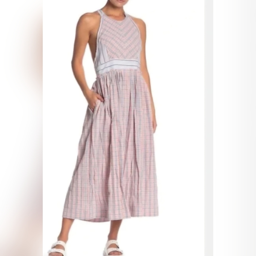 Free People Blue And Pink Plaid Dress